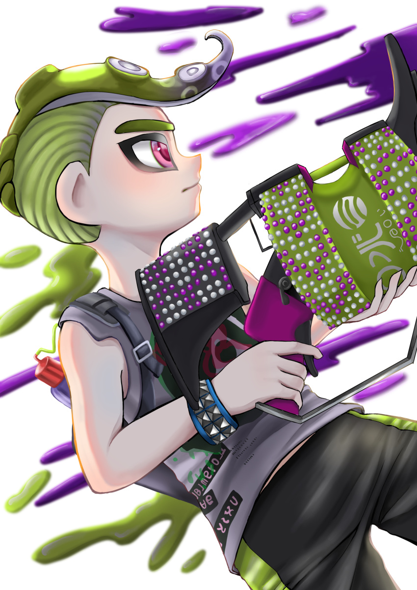 .96_gal_(splatoon) 1boy absurdres bracelet closed_mouth engawa_no_shiso_(pixiv_101140035) green_hair grey_shirt gun highres holding holding_gun holding_weapon jewelry male_focus octoling octoling_boy octoling_player_character paint pink_eyes print_shirt shirt short_hair simple_background solo splatoon_(series) splatoon_3 studded_bracelet tentacle_hair thick_eyebrows weapon white_background