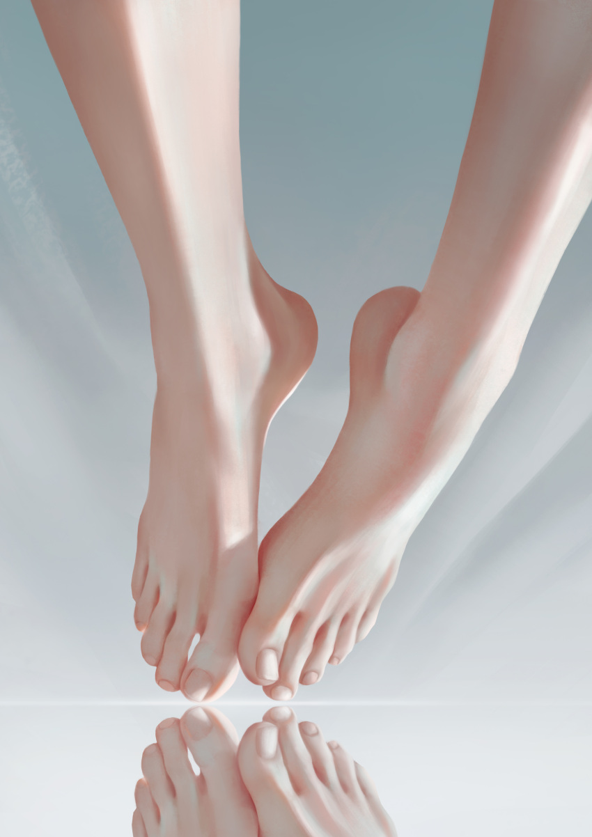 1girl absurdres barefoot close-up feet feet_only foot_focus greek_toe highres kongtoulaotou legs original out_of_frame realistic reflection simple_background solo toenails toes white_background