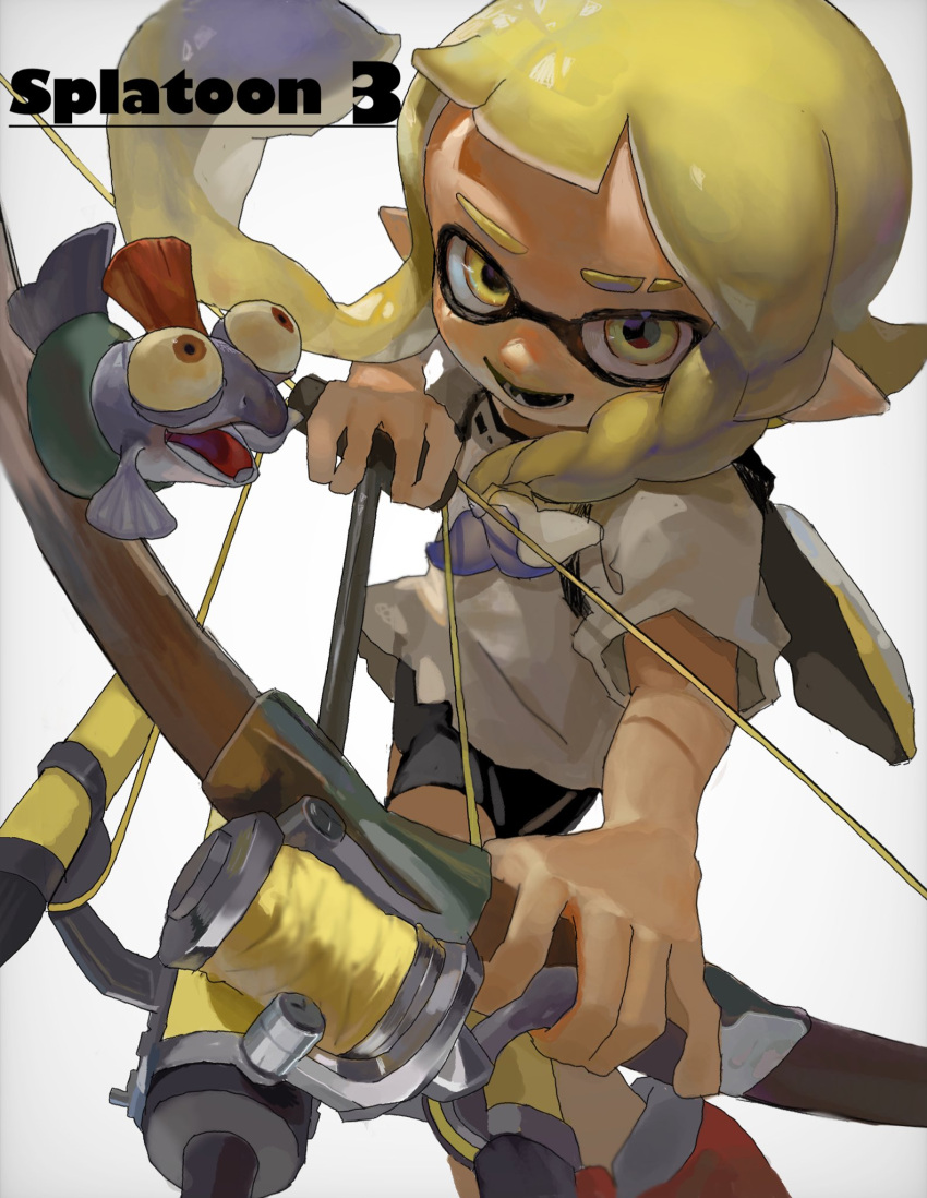 1girl agent_3_(splatoon_3) asymmetrical_hair black_shorts blonde_hair blue_hair bow_(weapon) braid commentary_request copyright_name eyebrow_cut gradient_hair highres holding holding_bow_(weapon) holding_weapon ink_tank_(splatoon) inkling_girl inkling_player_character long_hair mepo_1 multicolored_hair open_mouth pointy_ears shirt short_sleeves shorts single_braid smallfry_(splatoon) splatoon_(series) splatoon_3 teeth tentacle_hair torn_clothes torn_shirt tri-stringer_(splatoon) two-tone_hair weapon white_background white_shirt yellow_eyes