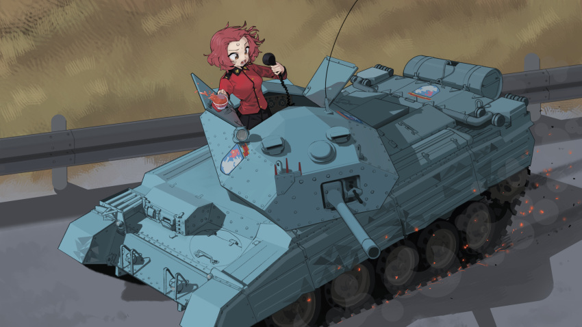 1girl black_skirt brown_eyes crusader_(tank) cup day dongdong_(0206qwerty) emblem girls_und_panzer guard_rail highres holding holding_cup holding_radio jacket long_sleeves medium_hair military_uniform military_vehicle motor_vehicle outdoors red_hair red_jacket rosehip_(girls_und_panzer) skirt solo spilling st._gloriana's_(emblem) st._gloriana's_military_uniform sweatdrop tank tea teacup uniform