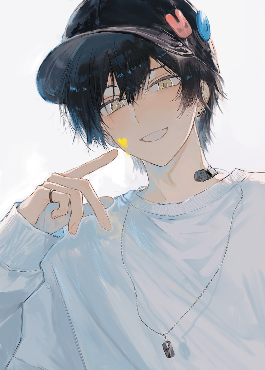 1boy absurdres bandaid bandaid_on_neck black_hair black_headwear blush earrings facing_viewer hat heart highres jewelry male_focus necklace original paint_on_body pointing pointing_at_self ring shirt short_hair smile solo suechimu upper_body white_background white_shirt yellow_eyes