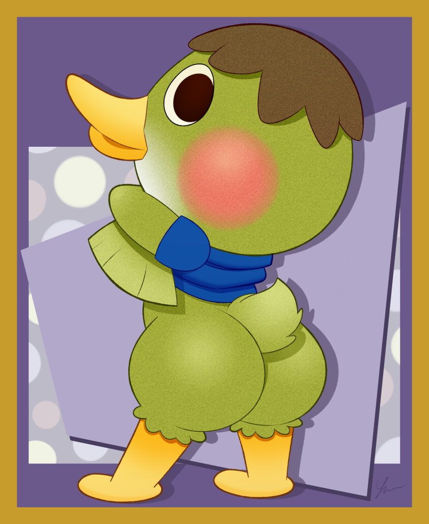 2022 ambiguous_gender anatid animal_crossing anseriform anthro avian biped bird black_eyes blush blush_stickers border bottomless bottomless_anthro brown_hair butt clothed clothing deena_(animal_crossing) digital_drawing_(artwork) digital_media_(artwork) duck female_(lore) hair hi_res looking_at_viewer looking_back looking_back_at_viewer nerdoodlen nintendo solo standing yellow_border