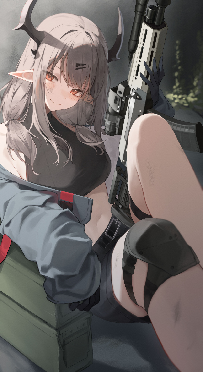 1girl absurdres artist_request assault_rifle bare_shoulders belt black_gloves black_shirt black_shorts breasts brown_hair closed_mouth commission crop_top gloves grey_jacket gun hair_ornament hairclip hand_up highres holding holding_gun holding_weapon horns jacket khremz's_character knee_pads knee_up legs long_hair long_sleeves looking_at_viewer medium_breasts midriff navel off_shoulder open_clothes open_jacket original pointy_ears red_eyes rifle second-party_source shirt short_shorts shorts sidelocks single_knee_pad sitting sleeveless sleeveless_shirt smile solo stomach sweat thigh_strap weapon weapon_request