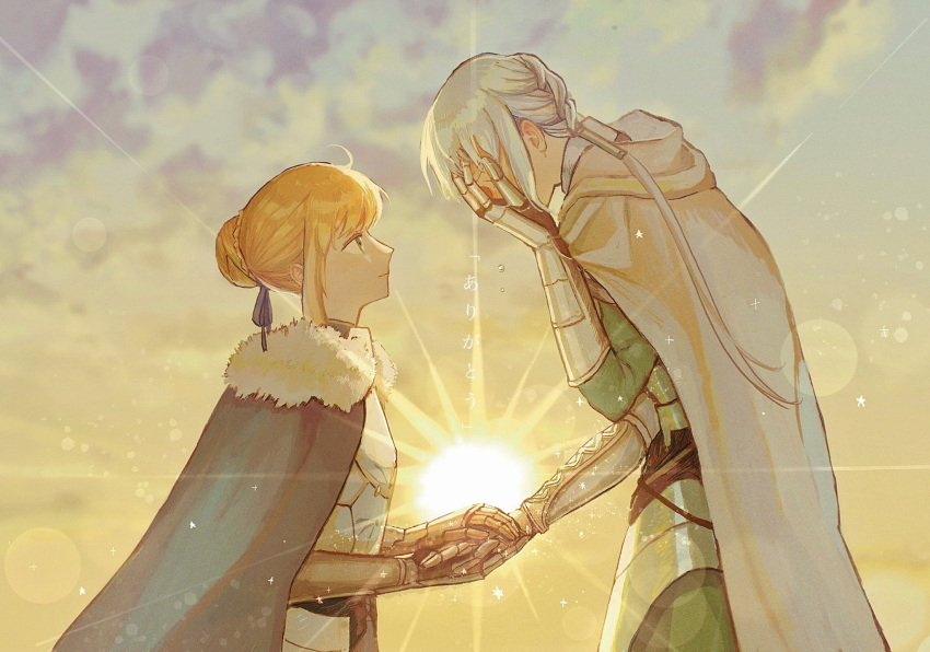 1boy 1girl 31tamagokake580 armor artoria_pendragon_(fate) bedivere_(fate) blonde_hair blue_cape blue_ribbon braid braided_bun cape cloud covering_face crying fate/grand_order fate/stay_night fate_(series) fur-trimmed_cape fur_trim gauntlets green_eyes green_shirt hair_bun hair_ribbon hair_tubes highres holding_hands lens long_hair looking_at_another low_ponytail prosthesis prosthetic_arm ribbon saber shirt smile sun sunburst sunlight tears upper_body white_cape white_hair