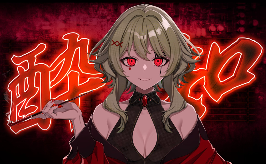 1girl alternate_costume alternate_eye_color bare_shoulders breasts cleavage eye_tattoo green_hair gumi hair_ornament highres holding holding_smoking_pipe off_shoulder parted_lips red_eyes red_nails smoke_trail smoking_pipe solo upper_body vocaloid x_hair_ornament yodare_(3yami8) yoidore_shirazu_(vocaloid)