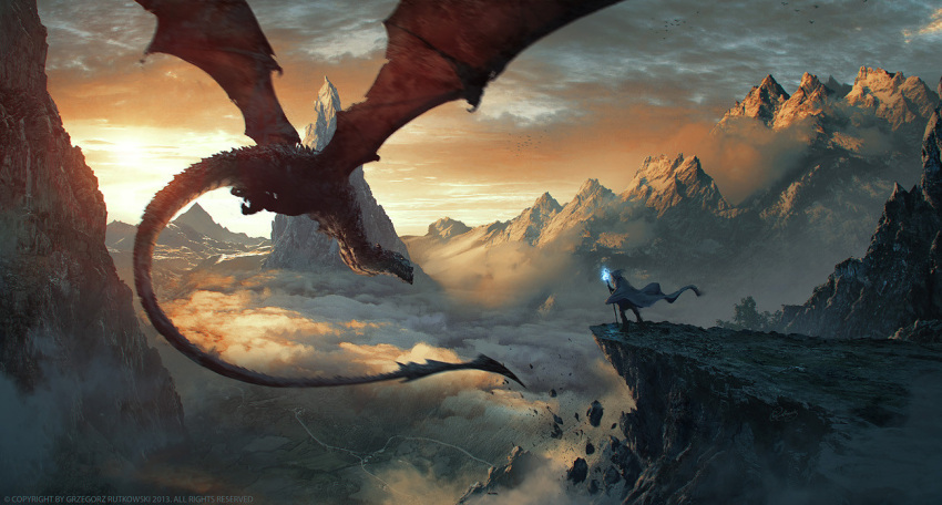 1other above_clouds ambiguous_gender animal_focus artist_name cape cliff cloud cloudy_sky commentary copyright_notice dragon english_commentary fantasy floating_cape flying from_above greg_rutkowski grey_cape grey_headwear hat holding holding_staff landscape mountain orange_sky original outdoors realistic scenery simple_bird sky staff standing sunset tail very_wide_shot western_dragon wizard wizard_hat wyvern