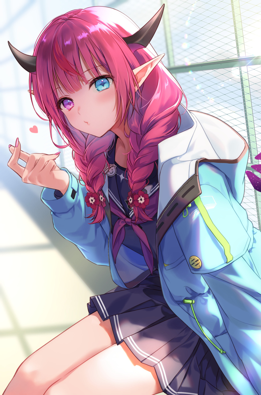 1girl absurdres aqua_jacket blue_eyes blue_serafuku braid crystal_wings day english_commentary feet_out_of_frame finger_heart flower from_side guyrys hair_flower hair_ornament hair_over_shoulder heterochromia highres hololive hololive_english hood hooded_jacket horns irys_(gaming_casual)_(hololive) irys_(hololive) jacket leaning_forward long_hair looking_at_viewer luma8b miniskirt multicolored_hair neckerchief o3o official_alternate_costume official_alternate_hairstyle open_clothes open_jacket pink_nails pleated_skirt pointy_ears red_hair red_neckerchief rooftop school school_uniform serafuku sitting skirt solo star-shaped_pupils star_(symbol) streaked_hair sunlight symbol-shaped_pupils twin_braids virtual_youtuber
