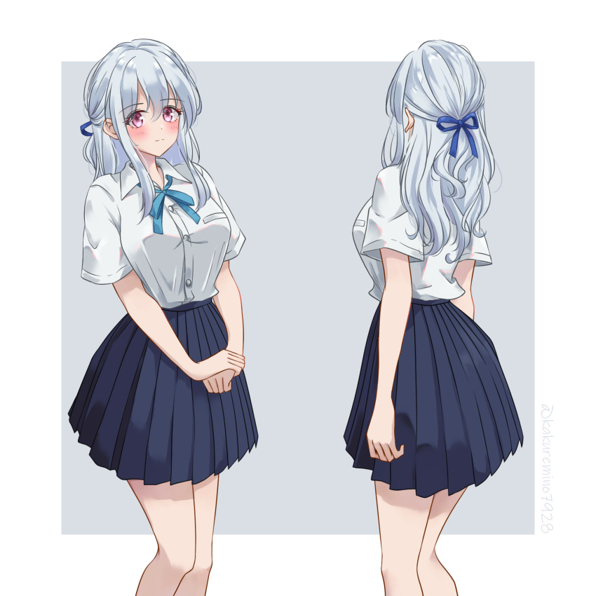 1girl arms_at_sides bare_legs blue_hair blue_ribbon blue_skirt blush border breast_pocket breasts closed_mouth collared_shirt dot_nose feet_out_of_frame from_behind grey_background hair_between_eyes hair_ribbon half_updo hand_on_hand highres kakuremino7928 legs_together light_smile long_eyebrows long_hair looking_ahead medium_breasts miniskirt multiple_views neck_ribbon original outside_border own_hands_together pink_eyes pleated_skirt pocket ribbon school_uniform shirt shirt_tucked_in short_sleeves sidelocks simple_background skirt split_mouth standing twitter_username white_border white_hair white_shirt