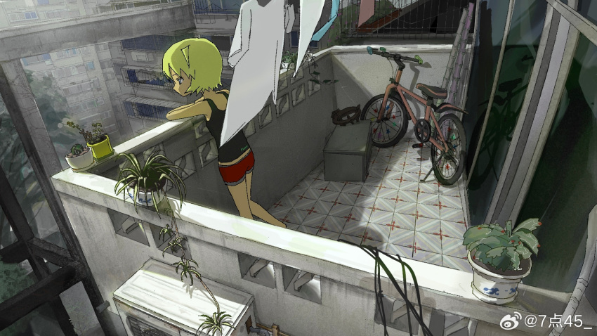 1girl 745 air_conditioner apartment balcony bicycle black_tank_top blonde_hair chinese_commentary clothesline from_above highres indoors laundry original outdoors plant potted_plant red_shorts shirt short_hair shorts solo standing tank_top tile_floor tiles unworn_clothes weibo_username window