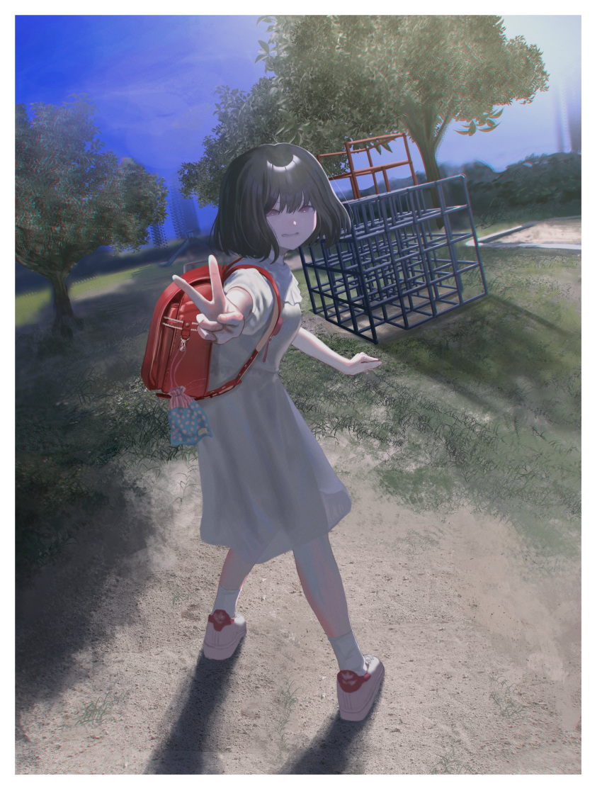 1girl :d absurdres backpack bag black_hair blue_sky day dress from_behind grass hair_between_eyes hand_up highres kyano_(kyanora3141) looking_at_viewer looking_back medium_hair open_mouth original outdoors outstretched_arm park pink_footwear playground purple_eyes randoseru sand shadow shoes short_sleeves sky smile socks solo tree v white_dress white_socks