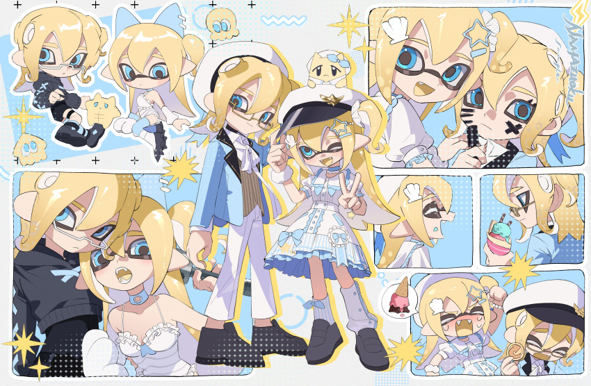 1boy 1girl :d absurdres animal_hands arm_at_side asymmetrical_legwear black_footwear black_hoodie blonde_hair blue_bow blue_choker blue_eyes blue_jacket bow bowtie chibi choker closed_mouth collared_shirt commentary cropped_hoodie drawing_on_another's_face dress dress_bow dropped_food fangs food full_body glasses gloves hair_ornament hairclip hand_on_headwear hat highres holding holding_money hood hoodie ice_cream ice_cream_cone inkling inkling_girl inkling_player_character jacket leg_warmers light_smile long_hair medium_hair money namazuoku octoling octoling_boy octoling_player_character one-piece_swimsuit one_eye_closed one_side_up open_clothes open_jacket open_mouth pants paw_gloves peaked_cap pointy_ears sailor_hat scrunchie shell_hair_ornament shirt single_glove smile sparkle splatoon_(series) spoken_food star_(symbol) star_hair_ornament striped_clothes striped_vest suction_cups swimsuit symbol-only_commentary tentacle_hair v vest waistcoat white_bow white_bowtie white_dress white_leg_warmers white_one-piece_swimsuit white_pants white_shirt wrist_scrunchie yellow-framed_eyewear