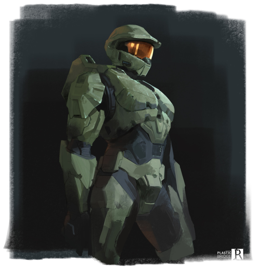 1boy absurdres armor artist_name assault_visor chinese_commentary facing_ahead halo_(series) helmet highres male_focus master_chief plastic-bridge power_armor science_fiction solo spartan_(halo)