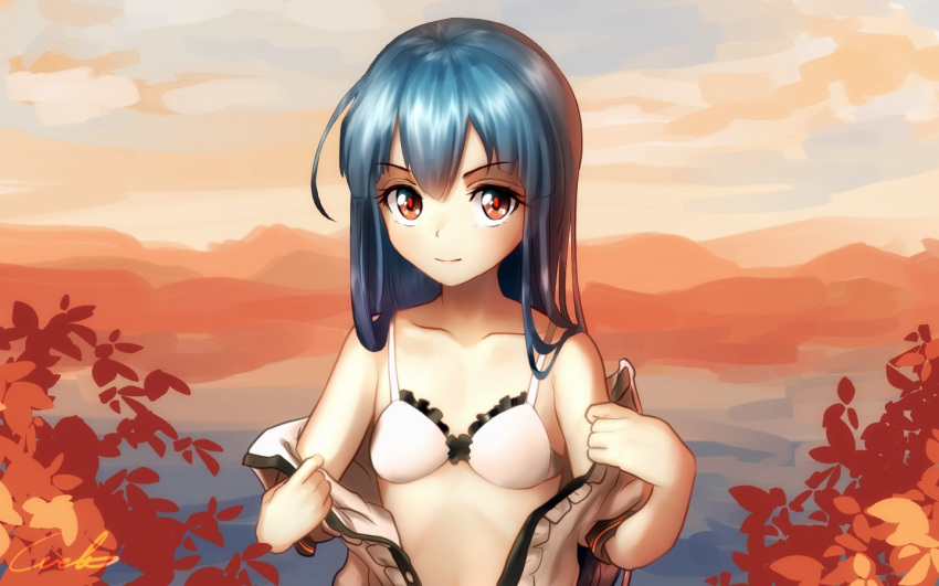 1girl autumn bare_arms bare_shoulders blue_hair blue_sky bra brown_eyes center_frills closed_mouth cloud collarbone commentary_request eyelashes frilled_bra frills hinanawi_tenshi light_blush long_hair mountainous_horizon open_clothes open_shirt outdoors red_pupils ribs shirt sky smile solo touhou underwear undressing upper_body welt_(kinsei_koutenkyoku) white_bra white_shirt