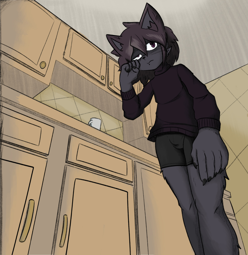 anthro bastardcat3 bulge claws clothing felid feline hair hi_res kitchen low-angle_view male mammal mug purple_eyes purple_hair solo sweater tatsuo topwear underwear worm's-eye_view