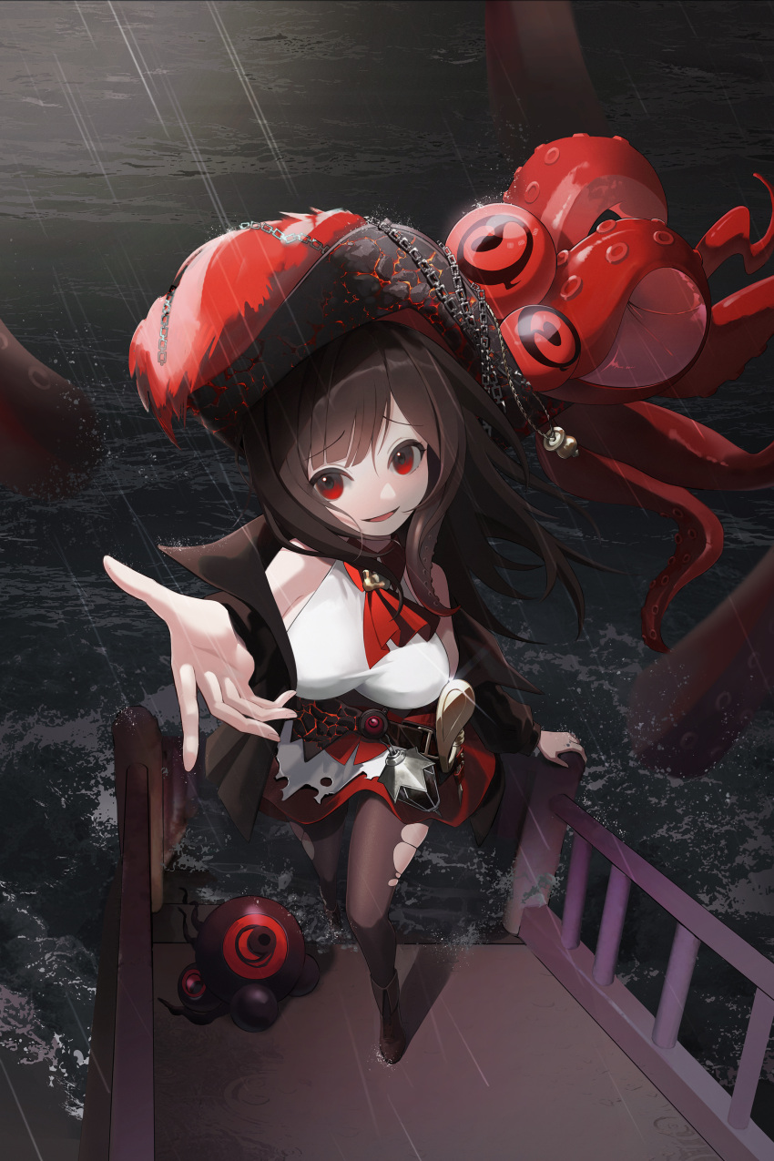 1girl absurdres ascot azur_lane black_coat black_hair black_pantyhose brown_footwear chain coat hat highres liudaomumu looking_at_viewer medium_hair open_mouth pantyhose pirate_hat reaching reaching_towards_viewer red_ascot red_eyes royal_fortune_(azur_lane) smile solo suction_cups tentacle_hair tentacles torn_clothes torn_pantyhose water