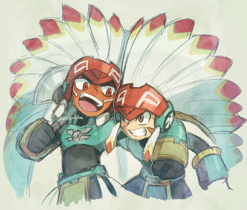 2boys arm_on_another's_shoulder armor black_bodysuit blue_armor bodysuit brown_eyes chiha_bobobo dark-skinned_male dark_skin dingo_(mega_man) facial_mark fusion headdress highres male_focus mega_man_(series) mega_man_battle_network_(series) multiple_boys native_american_headdress open_mouth smile tomahawkman.exe twitter_username