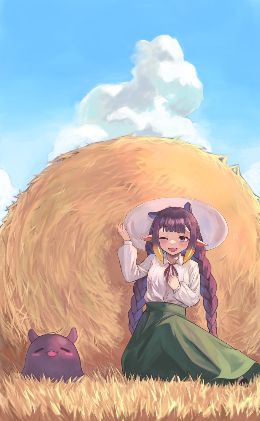 1girl ;d absurdres blue_sky blunt_bangs blush buttons center-flap_bangs cloud collared_shirt commentary_request cumulonimbus_cloud day double-parted_bangs dress_shirt eyelashes fang gradient_hair grass green_skirt hand_on_headwear hands_up hat hay hay_bale highres hololive hololive_english kiwwwwwi long_hair long_skirt long_sleeves mole mole_under_eye multicolored_hair neck_ribbon ninomae_ina'nis on_grass one_eye_closed open_mouth orange_hair outdoors pointy_ears purple_eyes purple_hair red_ribbon ribbon shirt shirt_tucked_in sidelocks sitting skirt sky smile solo takodachi_(ninomae_ina'nis) teeth tentacle_hair upper_teeth_only very_long_hair virtual_youtuber white_headwear white_shirt wing_collar