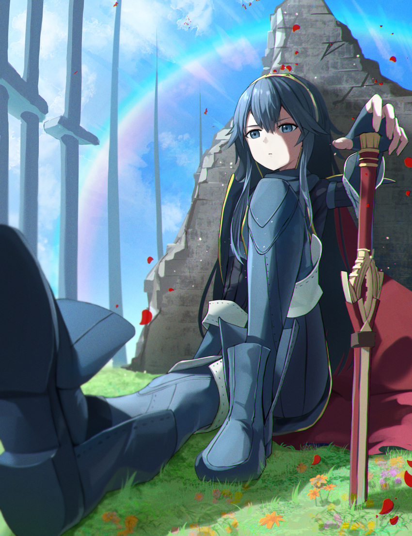 1girl absurdres blue_eyes blue_hair blue_pants blue_shirt blue_sky boots cape closed_mouth cloud day falchion_(fire_emblem) falling_petals fingerless_gloves fire_emblem fire_emblem_awakening flower gloves gold_hairband grass hidulume highres knee_up long_hair lucina_(fire_emblem) orange_flower outdoors pants petals planted planted_sword rainbow shirt sitting sky solo sword thigh_boots weapon