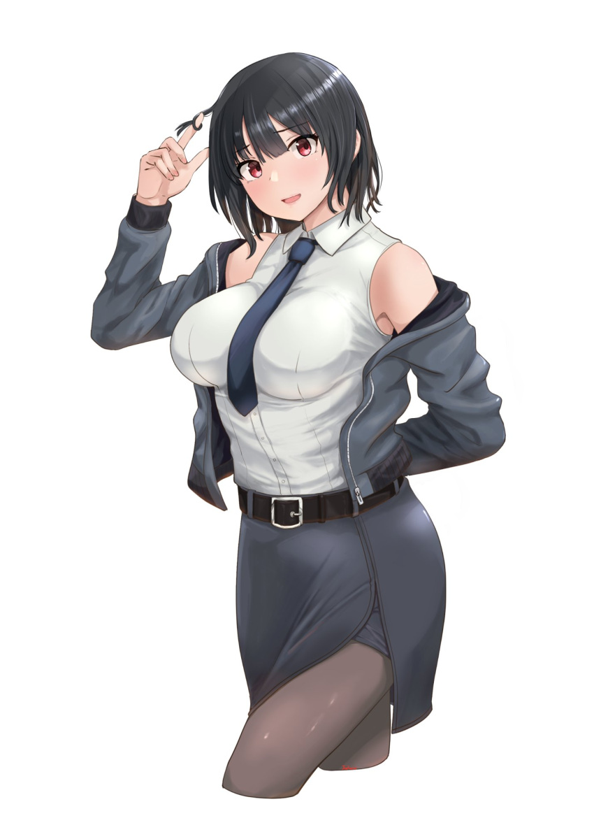 1girl alternate_costume belt black_belt black_hair black_pantyhose black_skirt bomber_jacket breasts commentary_request cosplay cowboy_shot dress_shirt hair_between_eyes highres hornet_(kancolle) hornet_(kancolle)_(cosplay) jacket jouzaburou_(joe3) kantai_collection large_breasts long_sleeves looking_at_viewer necktie open_mouth pantyhose pencil_skirt red_eyes revision shirt short_hair simple_background skirt sleeveless sleeveless_shirt solo takao_(kancolle) white_background white_shirt
