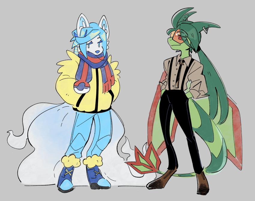 2_horns alolan_form alolan_ninetales alternate_species anthro anthrofied big_tail black_bottomwear black_clothing black_necktie black_pants blue_body blue_boots blue_bottomwear blue_clothing blue_eyes blue_footwear blue_fur blue_hair blue_inner_ear blue_pants blue_scarf blue_tail boots bottomwear brown_clothing brown_footwear brown_shoes canid canine clothed clothing colored digitigrade_footwear duo elite_four female fluffy fluffy_tail flygon footwear fully_clothed fur furgonomic_footwear furgonomics furrification furry-specific_piercing generation_3_pokemon girly glistening glistening_hair gradient_fur green_body green_hair green_scales grusha_(pokemon) gym_leader hair hclysword hi_res horn horn_piercing inner_ear_fluff insect_wings jacket line_art long-sleeved_shirt long_tail male mammal membrane_(anatomy) membranous_wings monotone_body monotone_fur multi_tail multicolored_body multicolored_scales necktie nintendo no_shading pants piercing pokemon pokemon_(species) pokemorph red_body red_eyes red_scales red_scarf regional_form_(pokemon) rika_(pokemon) scales scalie scarf shoes smile smirk snout standing suspender_pant suspenders tail tomboy topwear tuft two_tone_body two_tone_scales white_body white_fur white_tail wings yellow_clothing yellow_jacket_(clothing) yellow_topwear