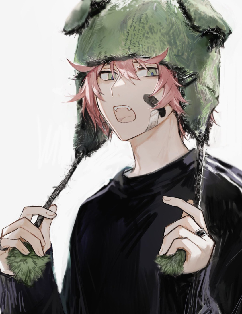 1boy bandaid bandaid_on_face black_shirt fangs green_eyes hair_between_eyes hands_up hat highres holding holding_clothes holding_hat jewelry long_sleeves looking_at_viewer male_focus messy_hair open_mouth original pale_skin pink_hair ring shirt short_hair slit_pupils solo suechimu teeth upper_body upper_teeth_only white_background
