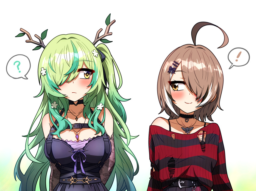 ! 2girls ? ahoge alternate_hairstyle antlers bare_shoulders belt belt_buckle black_belt black_choker black_hair black_ribbon black_sweater blue_hair blush bow breasts brown_eyes brown_hair buckle ceres_fauna ceres_fauna_(4th_costume) chest_harness choker cleavage closed_mouth collarbone commentary ddolbang detached_sleeves dress english_commentary eyelashes flower frown gradient_hair green_hair hair_bow hair_flower hair_intakes hair_ornament hair_over_one_eye hair_ribbon hairclip hairstyle_switch harness heart heart_choker heart_pendant highres hololive hololive_english horns jewelry lace-trimmed_choker lace_sleeves lace_trim large_breasts long_hair long_sleeves looking_at_another multicolored_hair multiple_girls nanashi_mumei nanashi_mumei_(4th_costume) necklace o-ring o-ring_choker off-shoulder_sweater off_shoulder official_alternate_costume one_eye_covered one_side_up parted_bangs pendant pendant_choker purple_bow purple_dress purple_ribbon red_sweater ribbon short_hair sidelocks sideways_glance simple_background smile speech_bubble spoken_exclamation_mark spoken_question_mark strapless strapless_dress streaked_hair striped_clothes striped_sweater sweater swept_bangs torn_clothes torn_sweater tree_horns two-tone_sweater upper_body very_long_hair virtual_youtuber white_background white_flower white_hair yellow_eyes