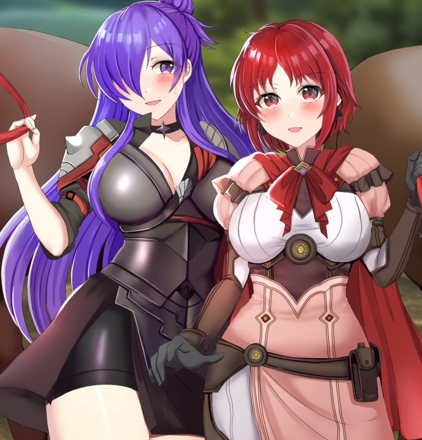 2girls armor asymmetrical_clothes breasts cape choker cleavage fire_emblem fire_emblem:_three_houses fire_emblem_warriors:_three_hopes hair_bun hair_over_one_eye monica_von_ochs multiple_girls purple_eyes purple_hair shez_(female)_(fire_emblem) shez_(fire_emblem) single_hair_bun tara_(szzj7733)