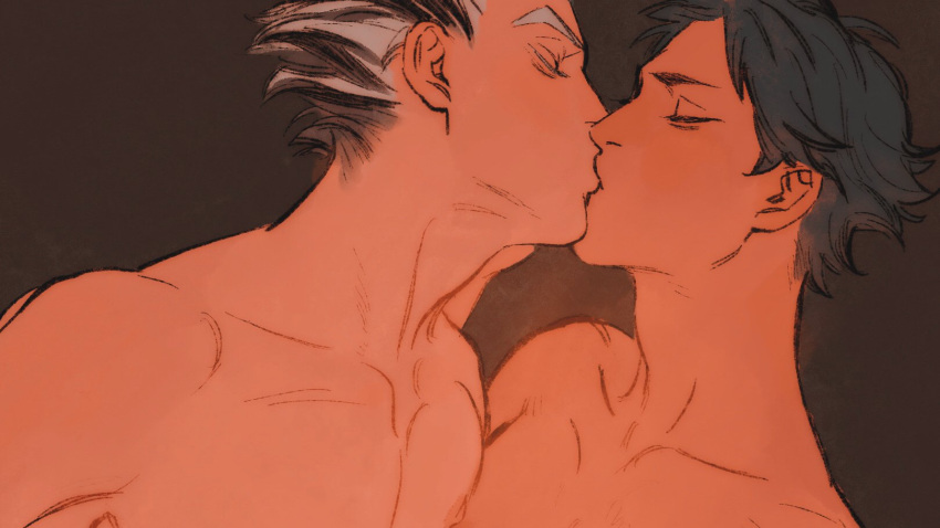 2boys akaashi_keiji black_hair bokuto_koutarou brown_background chengongzi123 closed_eyes colored_eyelashes completely_nude facing_another grey_hair haikyuu!! hand_on_another's_cheek hand_on_another's_face hand_up highres kiss male_focus multicolored_hair multiple_boys nude short_hair simple_background streaked_hair thick_eyebrows upper_body very_short_hair yaoi