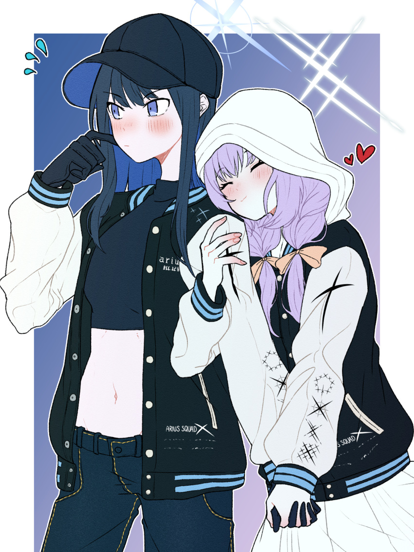 2girls absurdres atsuko_(blue_archive) baseball_cap black_gloves black_hair black_headwear blue_archive blue_eyes blue_hair blush crop_top denim flying_sweatdrops gloves hair_ribbon halo hat heart highres holding_hands hood hood_up hooded_jacket jacket jeans long_hair long_sleeves manmaderain multicolored_hair multiple_girls open_clothes open_jacket orange_ribbon pants purple_hair ribbon saori_(blue_archive) skirt yuri