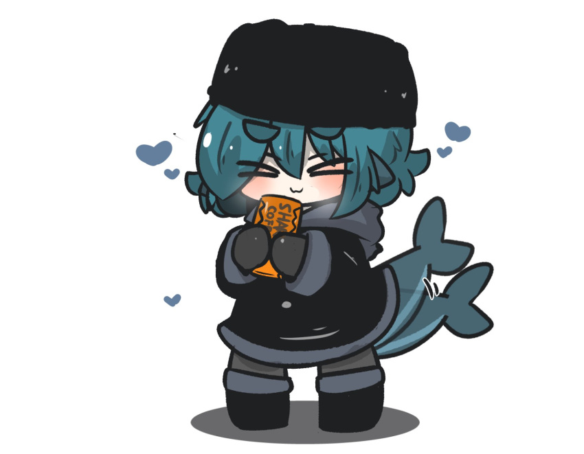&gt;_&lt; 1girl :3 afterimage black_footwear black_headwear black_jacket blue_hair boots breath can canned_coffee chibi closed_eyes closed_mouth commentary_request drink_can facing_viewer fins fish_tail fuka-chan full_body fur_hat gloves grey_gloves grey_pantyhose hair_between_eyes hat heart highres holding holding_can hood hood_down hooded_jacket jacket original pantyhose shadow shark_tail short_eyebrows simple_background solo standing tail tail_wagging thick_eyebrows uni_souchou white_background