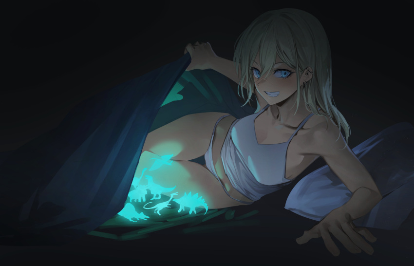 1girl bed blanket blue_eyes camisole commentary glow-in-the-dark grin highres lifting_covers long_hair looking_at_viewer night original panties pillow rff_(3_percent) smile solo thigh_gap thighs toy_dinosaur under_covers underwear white_camisole white_hair white_panties