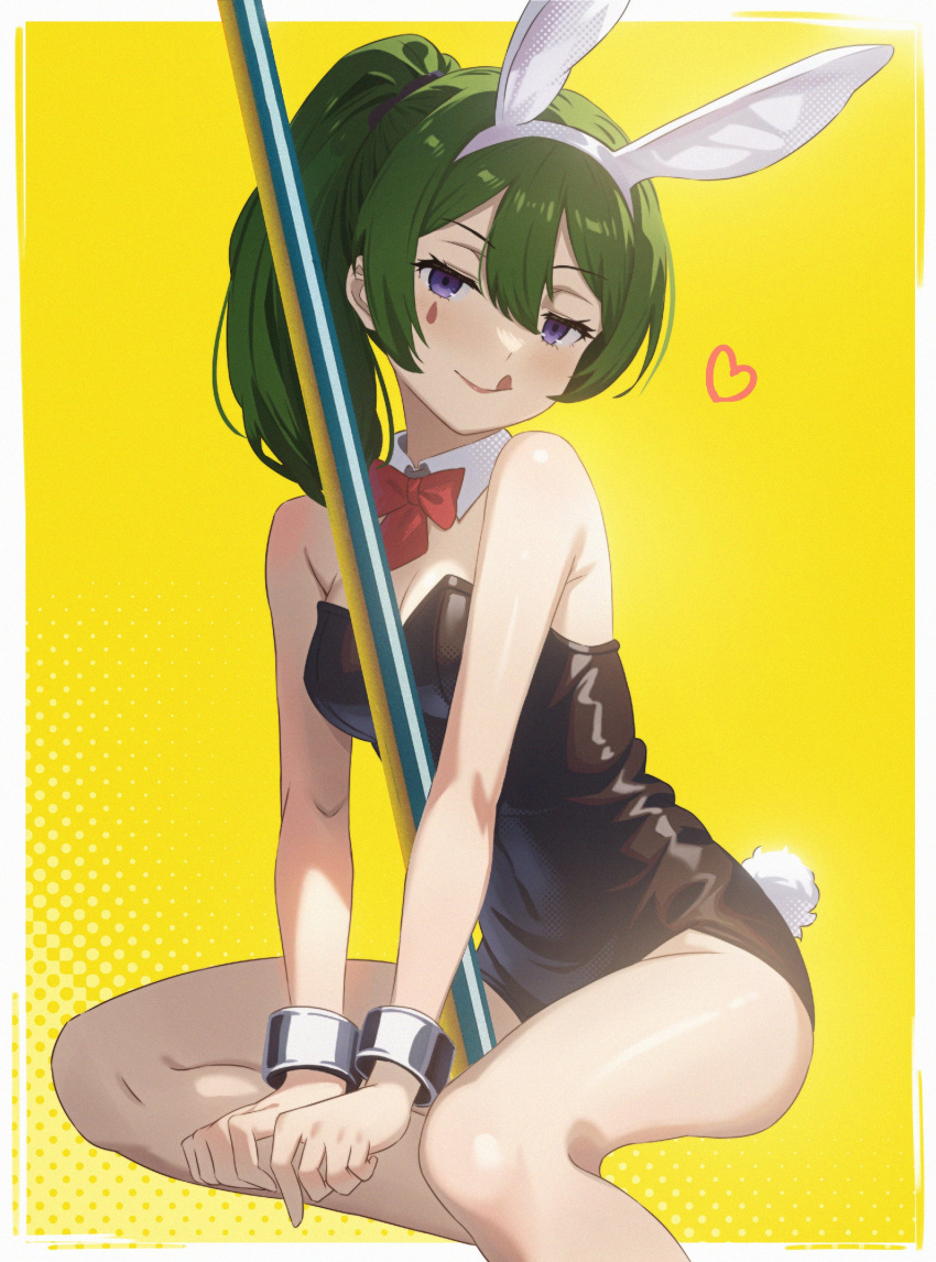 1girl :q absurdres animal_ear_hairband animal_ears bare_shoulders black_leotard border bound bound_wrists bow bowtie breasts closed_mouth commentary cosplay cuffs detached_collar edgar_syu eyelashes fake_animal_ears fake_tail green_hair hair_between_eyes hair_tie hairband halftone halftone_background halftone_texture handcuffs hatsune_miku hatsune_miku_(cosplay) head_tilt heart highres leaning_forward leotard light_blush long_hair medium_breasts necktie outside_border own_hands_together playboy_bunny pole ponytail purple_eyes rabbit_ear_hairband rabbit_ears rabbit_hole_(vocaloid) rabbit_tail red_bow red_bowtie red_necktie restrained sitting smile solo sousou_no_frieren stripper_pole tail teardrop_facial_mark tongue tongue_out ubel_(sousou_no_frieren) v_arms vocaloid white_border white_hairband yellow_background