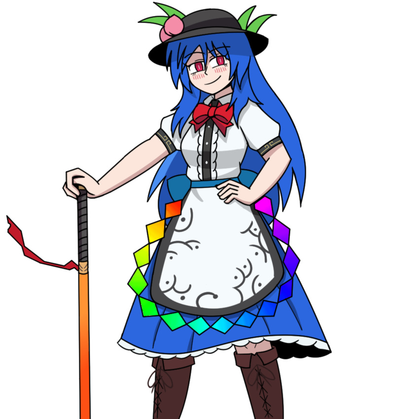 1girl absurdres black_headwear blue_hair blue_skirt blush bow bowtie closed_mouth commentary fleiddairyart hair_between_eyes hand_on_hilt hand_on_own_hip highres hinanawi_tenshi long_hair looking_at_viewer peach_hat_ornament rainbow_order red_bow red_bowtie red_eyes shirt short_sleeves simple_background skirt smile solo sword_of_hisou touhou white_background white_shirt