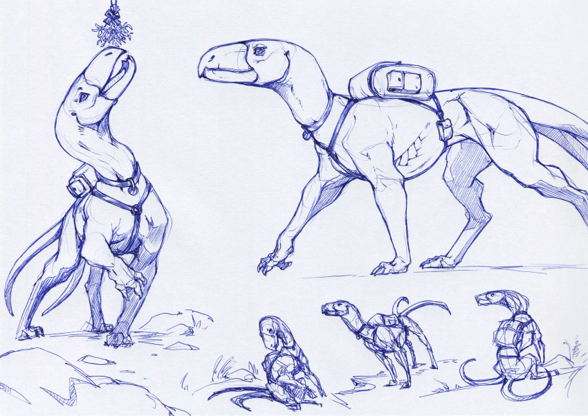 2022 2_tails 3_toes ambiguous_gender backpack beak claws clothed clothed_feral clothing collar collar_tag feet female_(lore) feral harness harness_ring hellhound_(zdnoz) hi_res jagged_beak ket-dawnatsunset looking_away mistletoe monochrome multi_tail multiple_poses muscular muscular_feral o-ring open_beak open_mouth pen_(artwork) plant pose pouch_(clothing) raised_leg simple_background sitting sitting_on_ground sketch sketch_page solo tail toes tongue toothed_beak traditional_media_(artwork) walking white_background