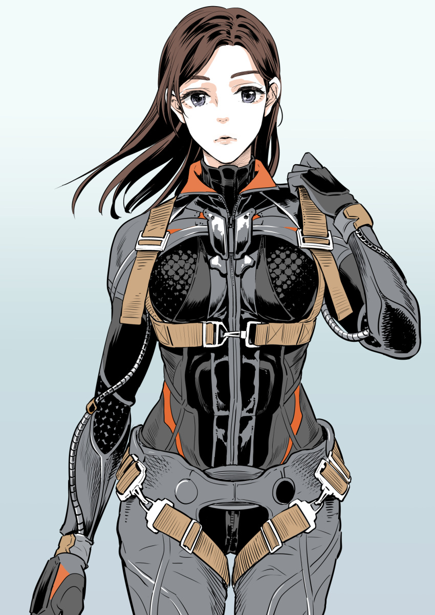 1girl ace_combat ace_combat_7 breasts brown_hair cosplay gradient_background grey_eyes harness highres ionela_a_shilage long_hair looking_at_viewer mihaly_a_shilage mihaly_a_shilage_(cosplay) parted_lips pilot pilot_suit science_fiction takato15_c