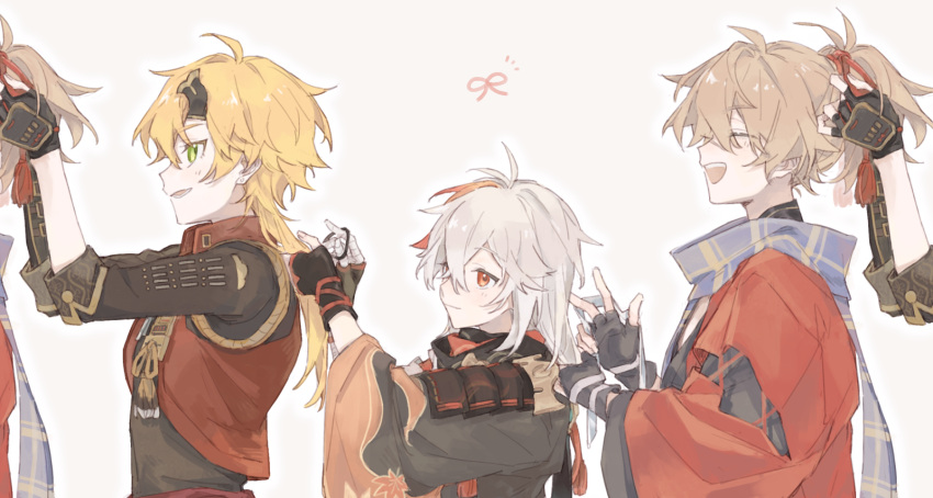 3boys adjusting_another's_hair akzr_12 armor bandaged_hand bandages black_gloves blonde_hair blue_scarf brown_hair closed_eyes closed_mouth crossed_bangs fingerless_gloves from_side genshin_impact gloves grey_background grey_hair hair_between_eyes hair_down hair_tie headband highres holding japanese_armor japanese_clothes kaedehara_kazuha kazuha's_friend_(genshin_impact) long_hair long_sleeves male_focus multicolored_hair multiple_boys multiple_views open_mouth ponytail red_eyes red_hair scarf simple_background thoma_(genshin_impact) upper_body white_hair wide_sleeves