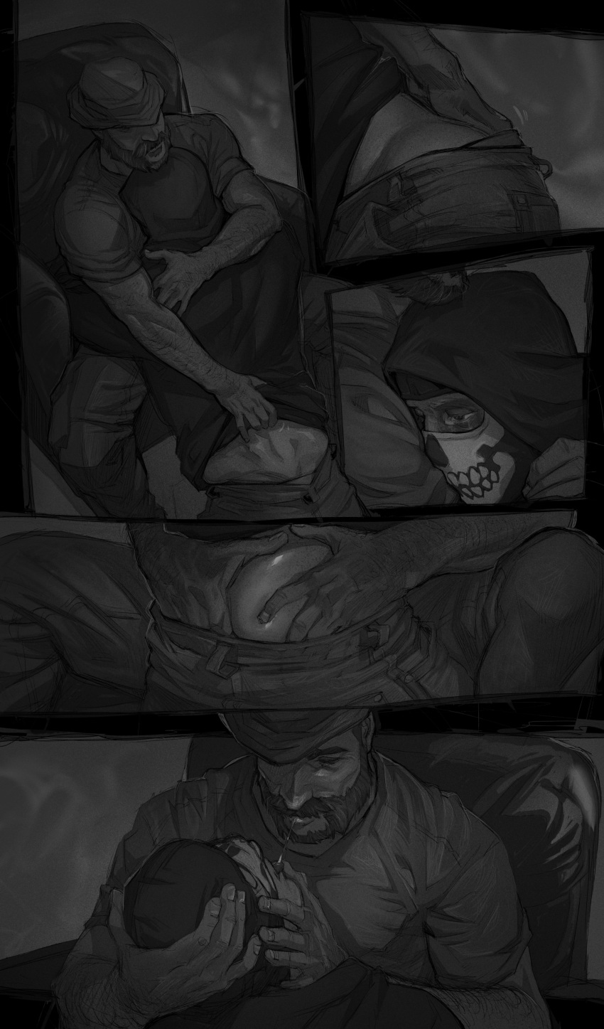 2boys absurdres bara beard call_of_duty call_of_duty:_modern_warfare_2 captain_price clothes_pull facial_hair ghost_(modern_warfare_2) greyscale groping hand_on_another's_ass hat highres hug jacket large_pectorals male_focus mask mature_male monochrome multiple_boys muscular muscular_male netcrow98 pants pants_pull pectorals saliva saliva_trail shirt skull_mask yaoi