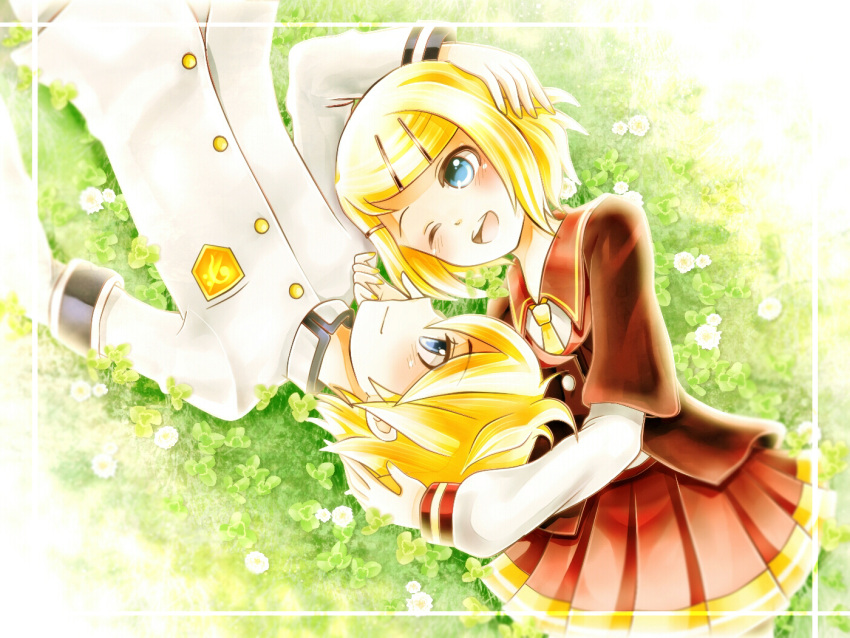 1boy 1girl :d blazer blonde_hair blue_eyes blush brown_jacket brown_skirt couple cowboy_shot executive_student_council_(module) gakuran grass hair_ornament hairclip hetero holding_another's_head jacket kagamine_len kagamine_rin long_sleeves looking_at_another necktie on_grass one_eye_closed pleated_skirt project_diva_(series) project_diva_f rara_(20rupi3) school_uniform shirt skirt smile trad_school_(module) vocaloid white_gakuran white_shirt yellow_necktie