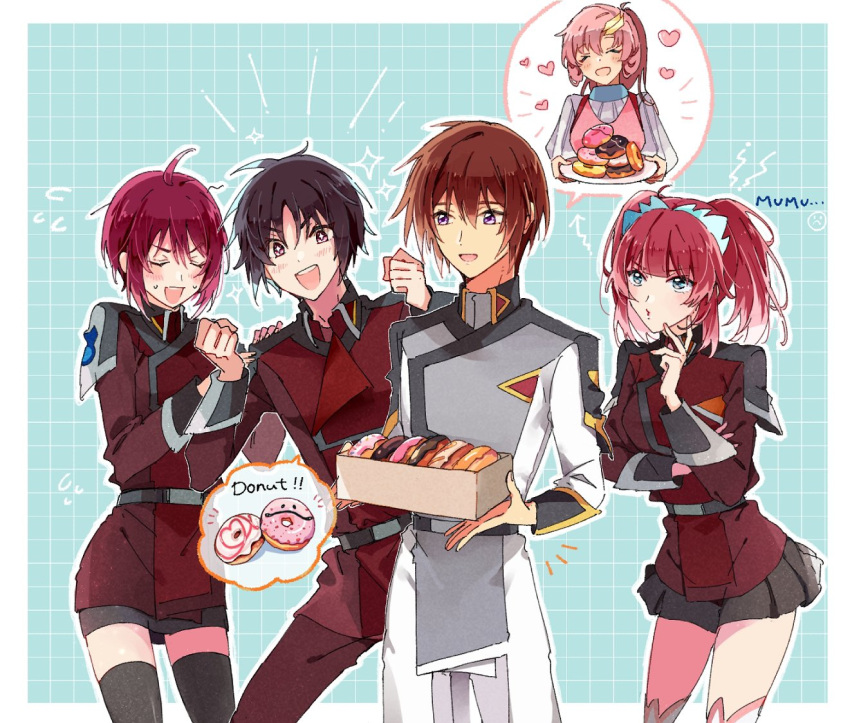 2boys 3girls agnes_giebenrath black_hair blue_eyes brown_hair doughnut food gundam gundam_seed gundam_seed_freedom hair_ornament kira_yamato lacus_clyne lunamaria_hawke military_uniform miniskirt multiple_boys multiple_girls pink_hair purple_eyes red_eyes red_hair red_uniform shinn_asuka skirt smile sparkling_eyes twintails uni_(gumin) uniform