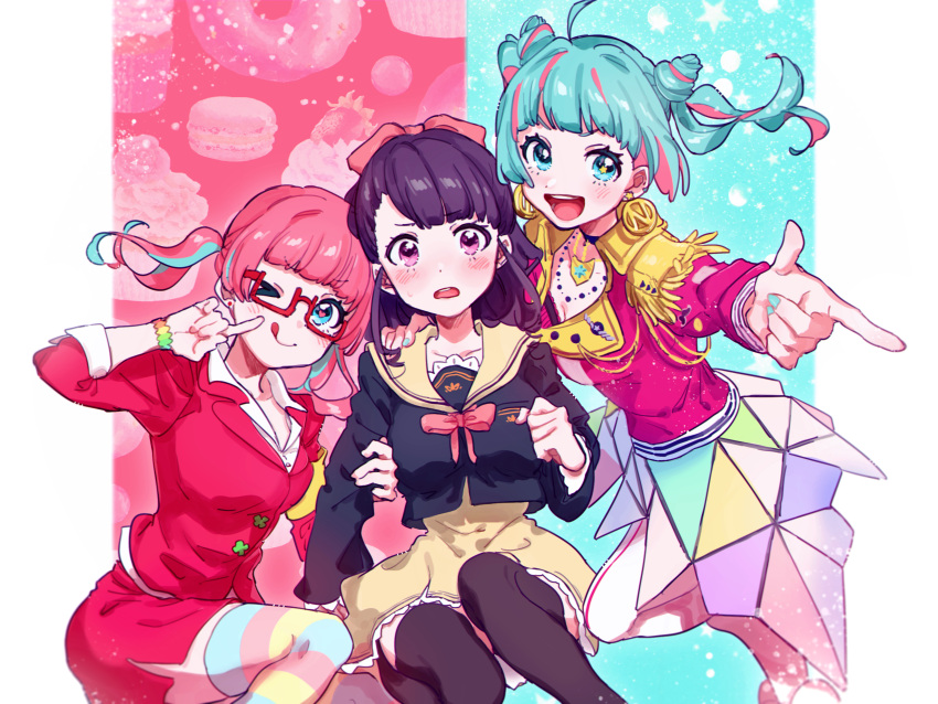 3girls absurdres aqua_eyes aqua_hair aqua_nails blue_hair blush bow bracelet breasts choker dress_suit earrings ecop finger_to_mouth food-themed_background glasses grabbing_another's_arm hair_bow hair_ornament heart heart-shaped_pupils highres index_finger_raised jewelry kujou_ume light_blush long_hair long_sleeves looking_at_viewer multicolored_clothes multicolored_hair multicolored_legwear multicolored_stripes multiple_girls nail_polish nanasaki_nicole one_eye_closed open_mouth pink_background pink_eyes pink_hair pink_ribbon pink_skirt pink_suit ponytail red-framed_eyewear red_pepper_earrings ribbon rokusaki_coney school_uniform semi-rimless_eyewear shirt short_hair simple_background sitting skirt smile standing standing_on_one_leg star-shaped_pupils star_(symbol) star_in_eye suit surprised symbol-shaped_pupils symbol_in_eye tokyo_7th_sisters twintails two-tone_hair under-rim_eyewear v-shaped_eyebrows wide-eyed