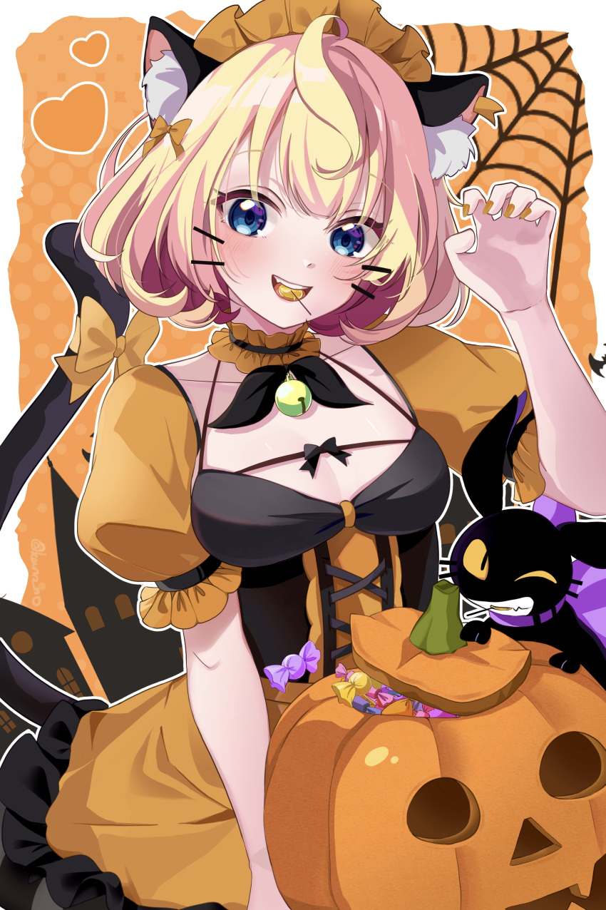 1girl absurdres animal animal_ear_fluff animal_ears bell black_bow black_neckerchief blonde_hair blue_eyes blush bow breasts building candy cat_ears collarbone dress food food_in_mouth frilled_dress frills hair_bow halloween heart highres jack-o'-lantern kano3 lollipop maid_headdress millie_parfait neck_bell neckerchief nijisanji nijisanji_en orange_bow orange_dress orange_sleeves puffy_short_sleeves puffy_sleeves short_hair short_sleeves silk solo spider_web twitter_username two-tone_dress virtual_youtuber whiskers wrapped_candy yellow_nails