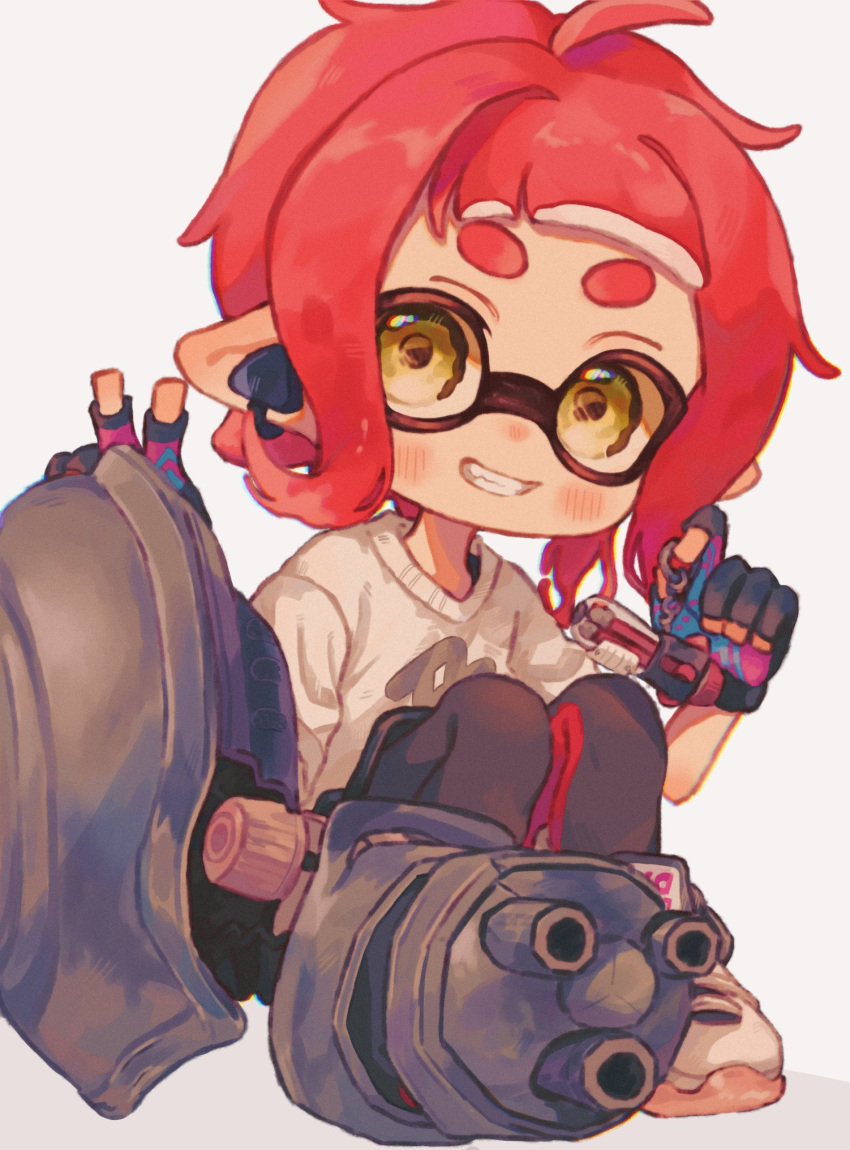 1girl ballpoint_splatling_(splatoon) black_gloves commentary_request earrings gloves gun highres holding holding_gun holding_weapon inkling inkling_girl inkling_player_character jewelry medium_hair nautilus_(splatoon) ochocho2828 pointy_ears print_sweater red_hair shoes simple_background sitting smile solo splatoon_(series) splatoon_3 sweater teeth tentacle_hair thick_eyebrows v weapon white_background white_sweater yellow_eyes