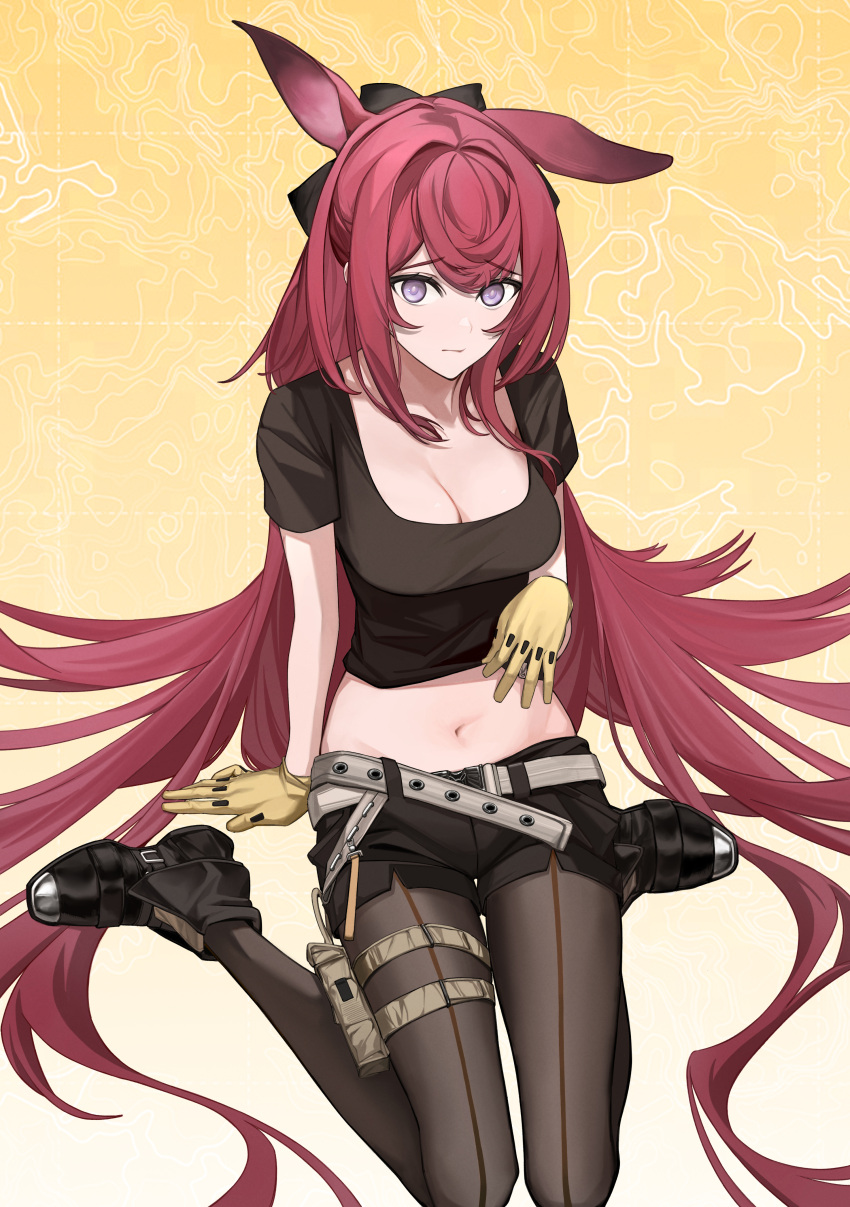 1girl absurdres animal_ears arknights black_footwear black_shorts breasts cleavage commentary_request crop_top gloves grey_pantyhose highres kira_(kirakrr) long_hair looking_at_viewer medium_breasts midriff navel pantyhose pantyhose_under_shorts purple_eyes purple_hair rabbit_ears ray_(arknights) shoes short_shorts short_sleeves shorts solo stomach thigh_strap very_long_hair yellow_background yellow_gloves