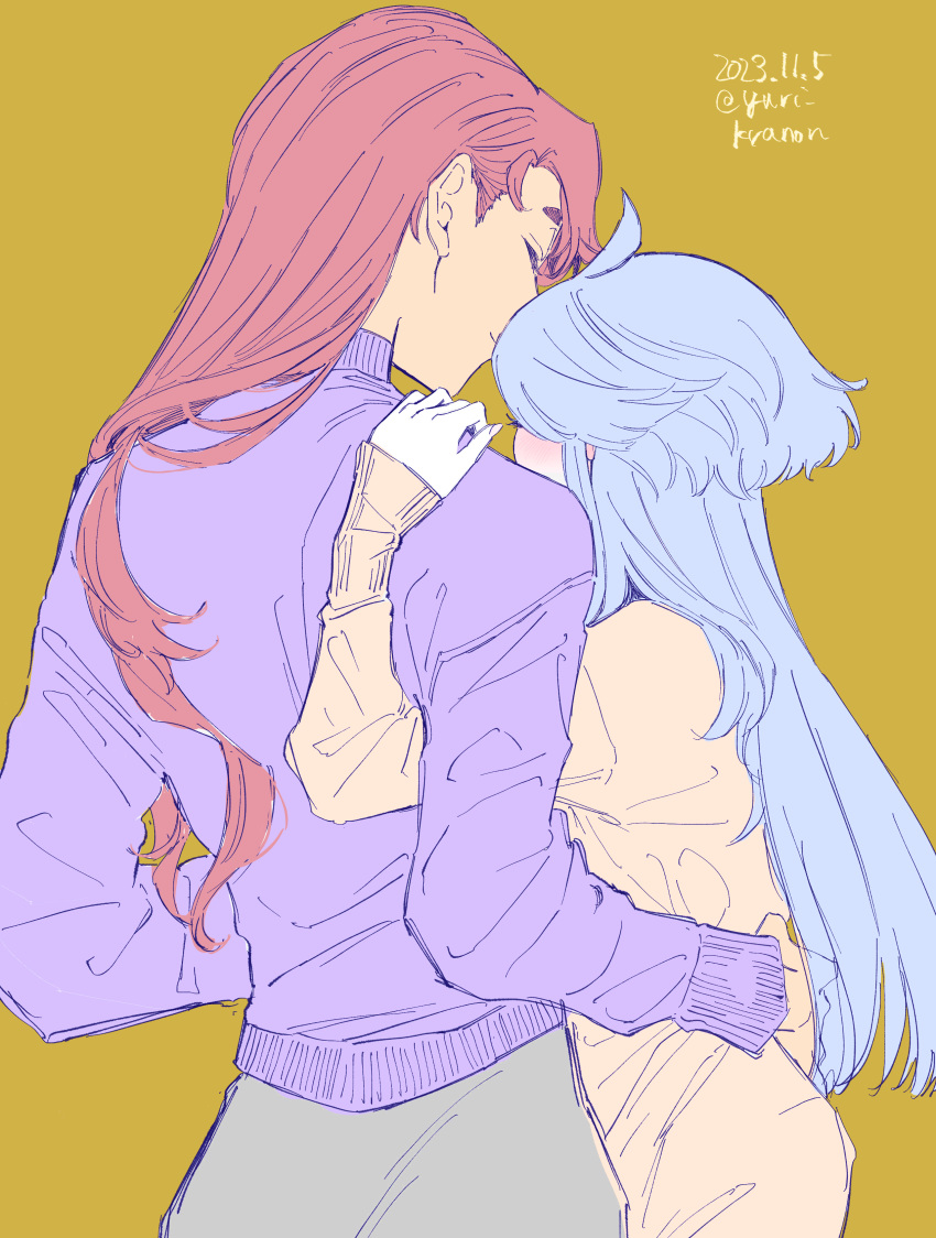 2girls absurdres ahoge blush brown_sweater closed_eyes commentary_request couple dated from_behind grey_hair gundam gundam_suisei_no_majo hand_on_another's_hip hand_on_another's_shoulder highres long_hair long_sleeves miorine_rembran multiple_girls purple_sweater red_hair suletta_mercury sweater thick_eyebrows twitter_username yuri yuri_kyanon