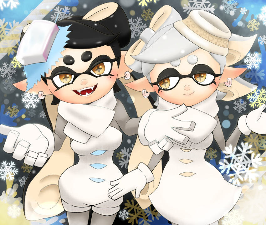 2girls a3_k306021 black_hair blurry blurry_background bow-shaped_hair callie_(splatoon) closed_mouth commentary_request cousins dress earrings eyelashes food food_on_head gloves grey_hair highres hoop_earrings inkling jewelry long_hair looking_at_viewer marie_(splatoon) mole mole_under_eye multiple_girls object_on_head official_alternate_costume open_mouth pantyhose pointy_ears scarf short_hair smile snowflakes splatoon_(series) splatoon_3 standing star-shaped_pupils star_(symbol) sushi symbol-shaped_pupils teeth tentacle_hair thick_eyebrows white_dress white_gloves white_scarf