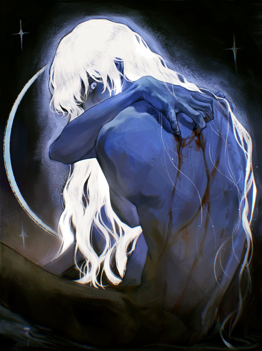 1boy akemi_08 berserk black_background blood blood_from_eyes blood_on_back blood_on_face blue_skin colored_skin completely_nude covered_mouth crescent_moon feet_out_of_frame from_behind glowing glowing_eye griffith_(berserk) hand_on_back highres long_hair looking_at_viewer looking_back male_focus moon nude purple_eyes scratching scratching_back sitting solo sparkle wavy_hair white_hair