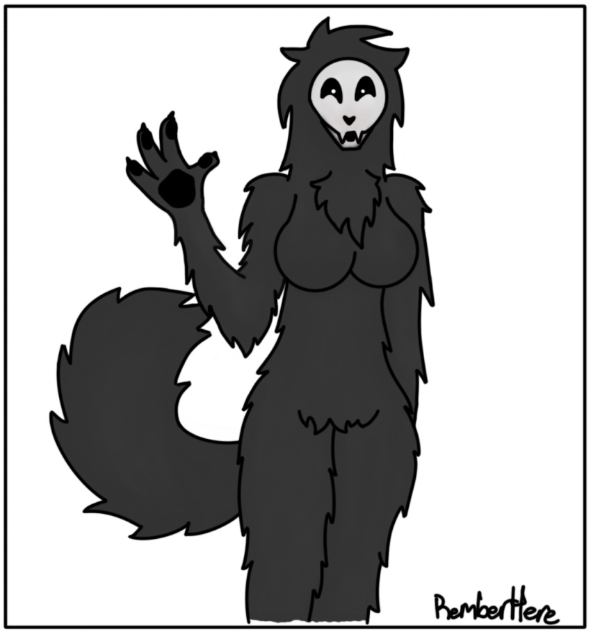 4_fingers anthro biped black_body black_fur bone breasts canid canine digital_drawing_(artwork) digital_media_(artwork) featureless_breasts featureless_crotch female fingers fur mammal monochrome remberhere scp-1471 scp-1471-a scp_foundation skull skull_head solo tail