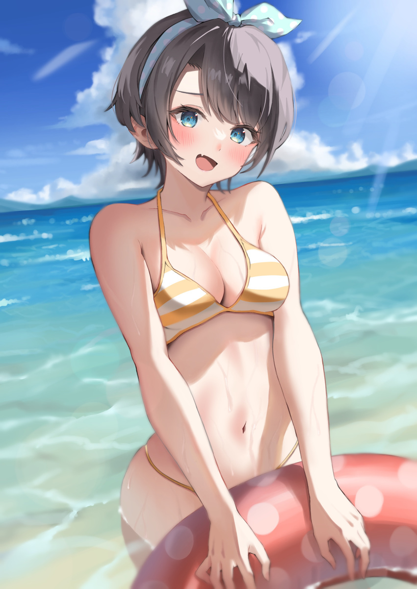 1girl absurdres aqua_ribbon bare_shoulders bikini black_hair blue_eyes blue_sky blush breasts cloud collarbone fang hair_ribbon highres hololive innertube navel nekonosippo0702 ocean oozora_subaru open_mouth polka_dot polka_dot_ribbon ribbon short_hair skin_fang sky solo stomach striped_bikini striped_clothes sun_glare swim_ring swimsuit two-tone_bikini virtual_youtuber water wet white_bikini yellow_bikini