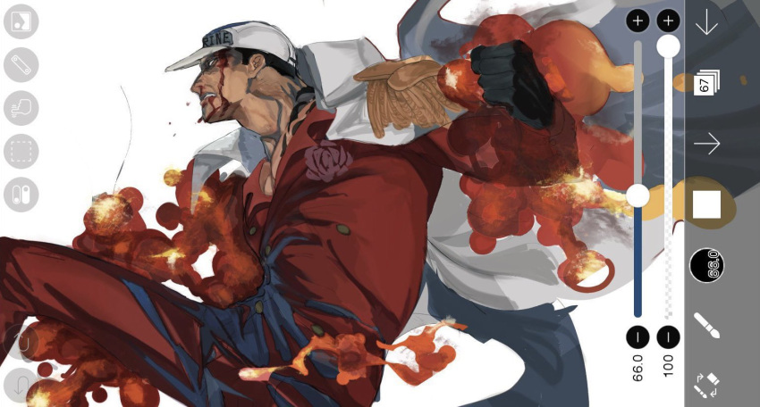 1boy art_program_in_frame baseball_cap black_hair clenched_hand devil_fruit_power epaulettes fighting_stance fire frown hat kkrk_op lava looking_ahead male_focus marine_uniform_(one_piece) old old_man one_piece pants pectoral_cleavage pectorals profile pyrokinesis red_suit sakazuki_(akainu) serious short_hair solo suit unfinished wrinkled_skin