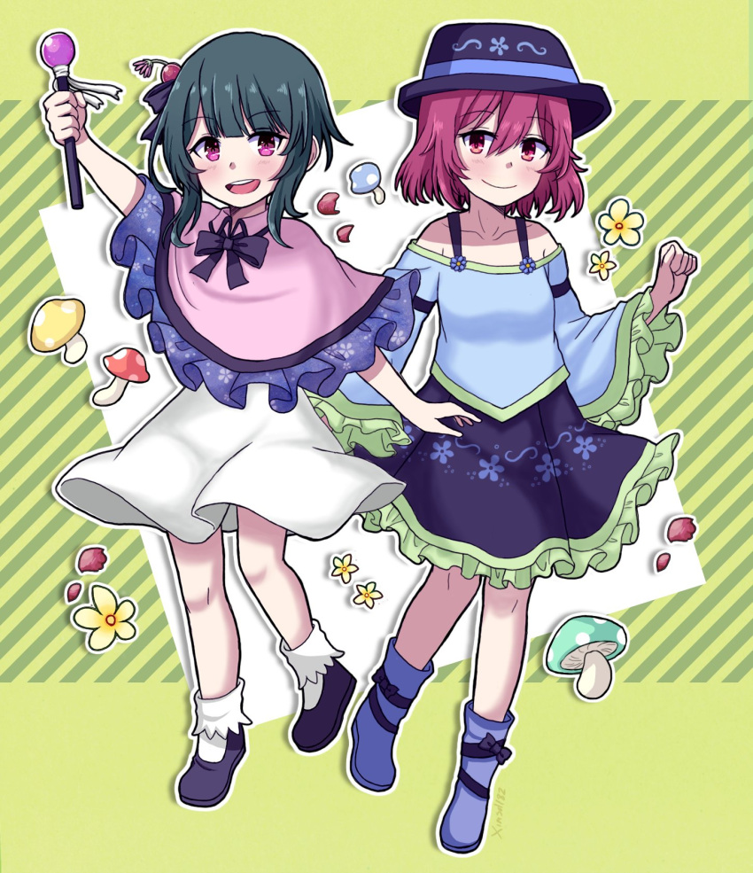 2girls blunt_bangs boots capelet commission fiora_hyacinth green_hair hat highres holding_baton multiple_girls mushroom nansei_project off-shoulder_shirt off_shoulder pink_eyes red_eyes red_hair shirt short_hair short_hair_with_long_locks skirt smile warai_aisoo white_skirt ximsol182